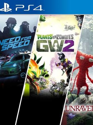 3 JUEGOS EN 1 Need for Speed mas Plants vs Zombies Garden Warfare 2 mas Unravel PS4