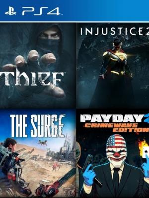 4 juegos en 1 Thief mas Injustice 2 mas The Surge mas PAYDAY 2 CRIMEWAVE EDITION PS4