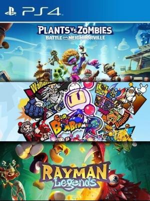 3 JUEGOS EN 1 Plants vs Zombies Battle for Neighborville MAS SUPER BOMBERMAN R MAS Rayman Legends Ps4